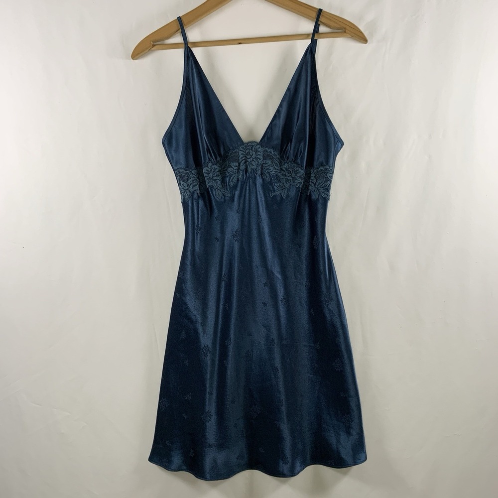 VTG Y2K Fairy Satin Babydoll Floral Mini Slip Dress Size S Deep Teal Romantic